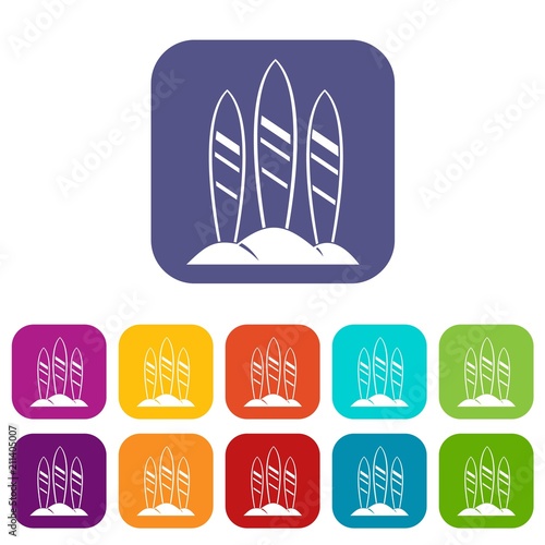 Serfing board icons set vector illustration in flat style in colors red, blue, green, and other