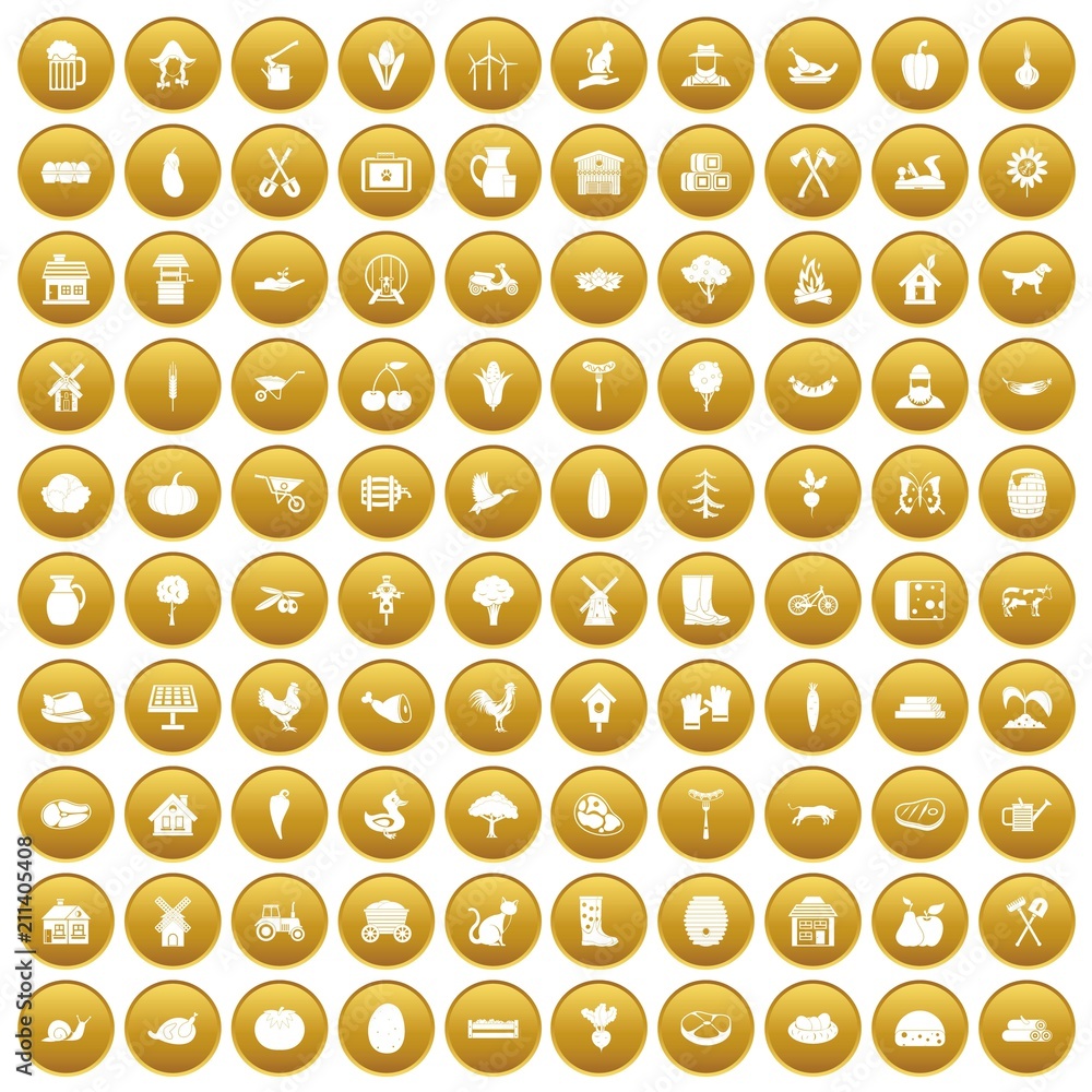 100 farm icons set in gold circle isolated on white vector illustration