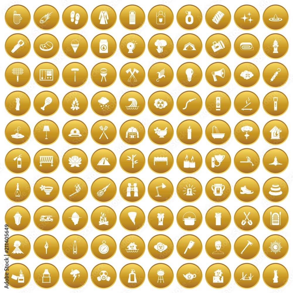 100 fire icons set in gold circle isolated on white vector illustration 100 fire icons set in gold circle isolated on white vector illustration