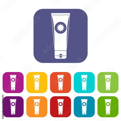 Sunscreen icons set vector illustration in flat style in colors red, blue, green, and other