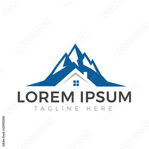 Logo for the resort in the mountains or a real estate agency specializing in cottage settlements. Realty construction architecture symbol. Real estate vector logo illustration