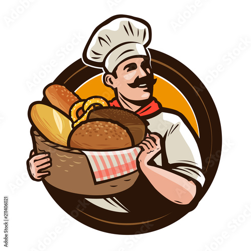 Bakery, bakehouse logo or label. Baker with a wicker basket of freshly baked bread. Vector illustration photo