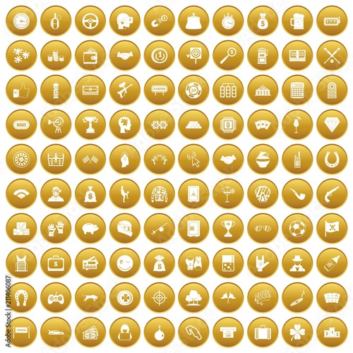 100 gambling icons set in gold circle isolated on white vector illustration