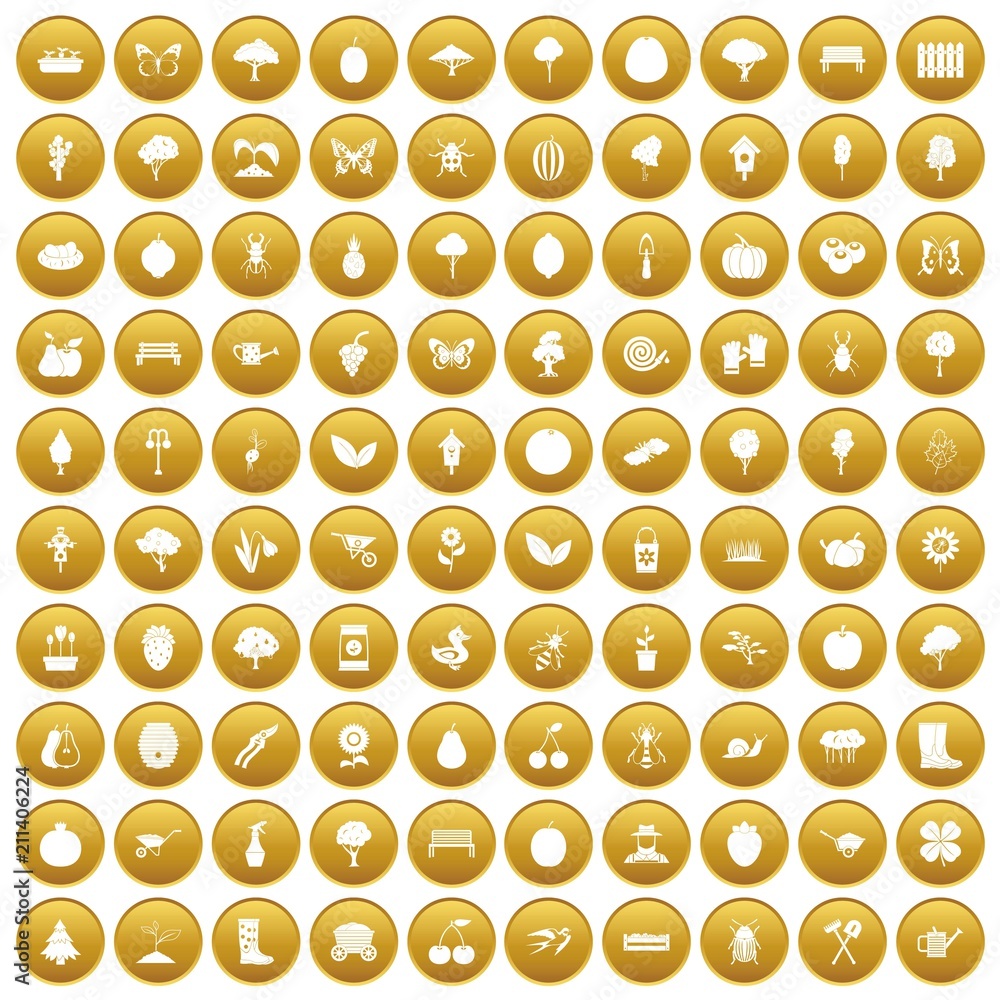 100 gardening icons set in gold circle isolated on white vector illustration 100 gardening icons set in gold circle isolated on white vector illustration