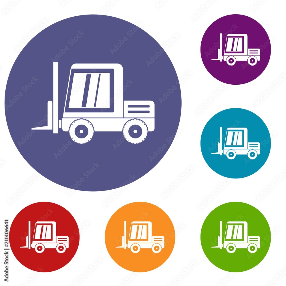 Stacker loader icons set in flat circle red, blue and green color for web Stacker loader icons set in flat circle red, blue and green color for web