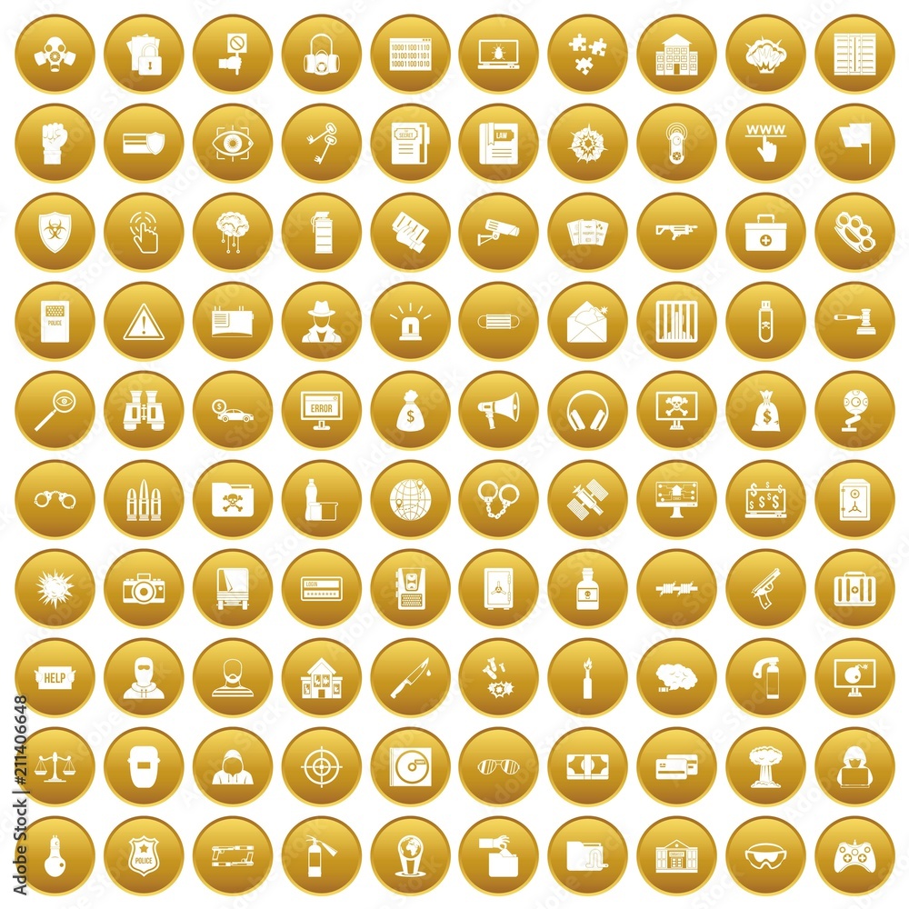 100 hacking icons set in gold circle isolated on white vector illustration 100 hacking icons set in gold circle isolated on white vector illustration