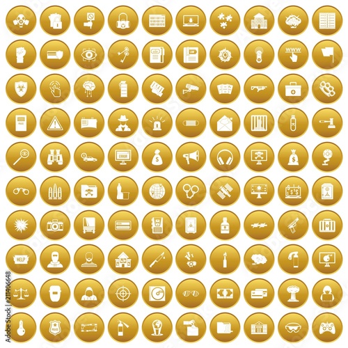 100 hacking icons set in gold circle isolated on white vector illustration