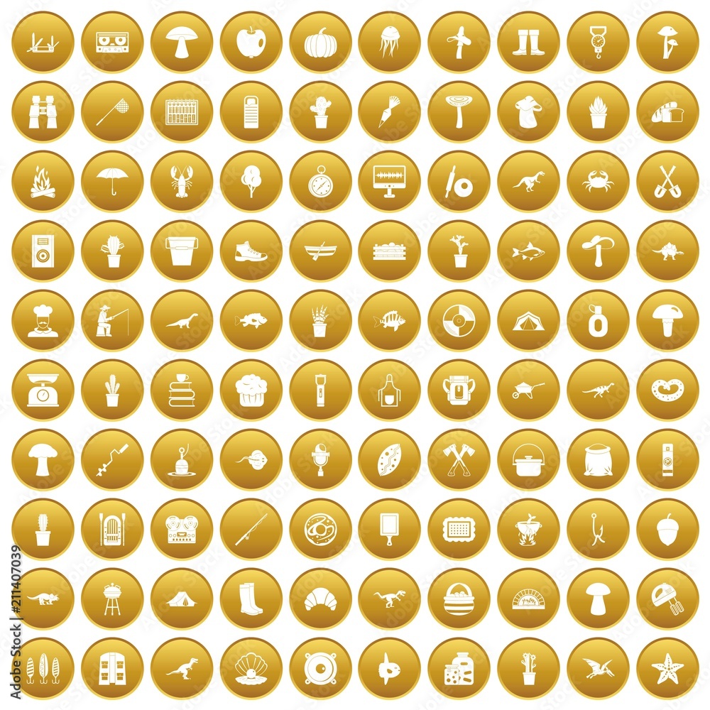 100 hobby icons set in gold circle isolated on white vector illustration 100 hobby icons set in gold circle isolated on white vector illustration