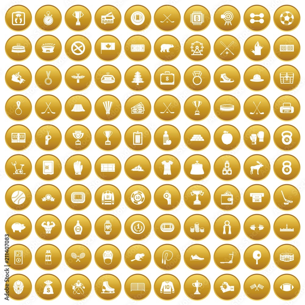 100 hockey icons set in gold circle isolated on white vector illustration 100 hockey icons set in gold circle isolated on white vector illustration
