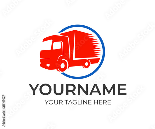 Logistics company and fast truck in circle, logo template. Cargo transportation, delivery of goods and auto transport, vector design, illustration