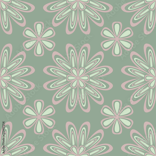 Olive green floral seamless pattern with pale pink elements. Background with flower designs