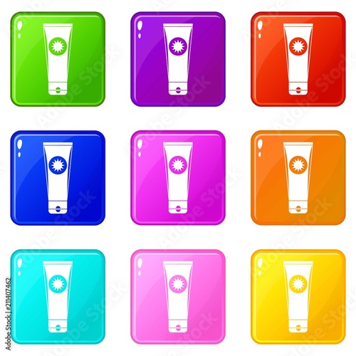 Sunscreen icons of 9 color set isolated vector illustration