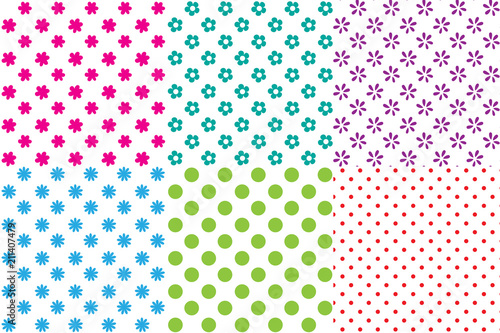 Set of 6 simple seamless patterns, different colors. Polka dots, petals. Swatches are included. Appropriate for textile, packing materials, website backgrounds, wallpaper, kids stuff.