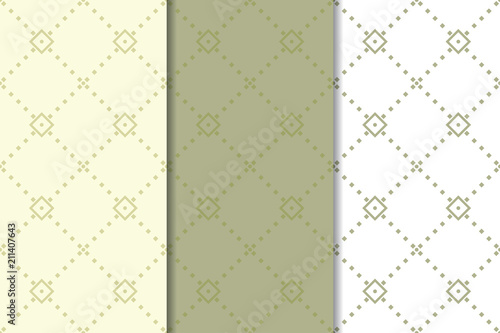 Olive green and white geometric seamless patterns