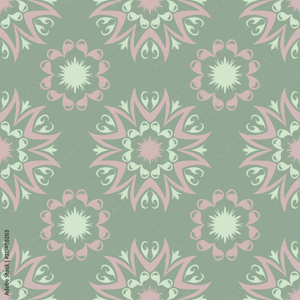 Olive green floral seamless pattern with pale pink elements. Background with flower designs Olive green floral seamless pattern with pale pink elements. Background with flower designs