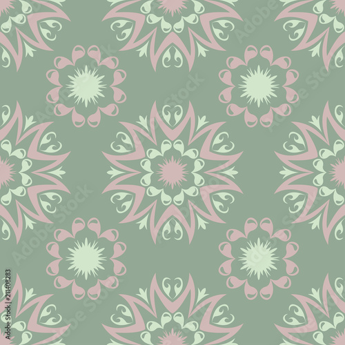 Olive green floral seamless pattern with pale pink elements. Background with flower designs