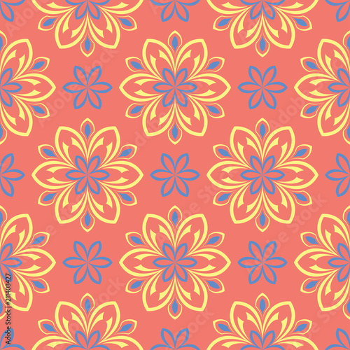 Flower design seamless pattern. Bright yellow and blue flower elements on salmon red background