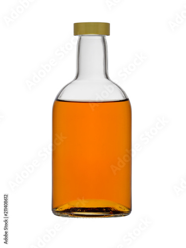 the glass bottle of brandy with a cover isolated on a white background