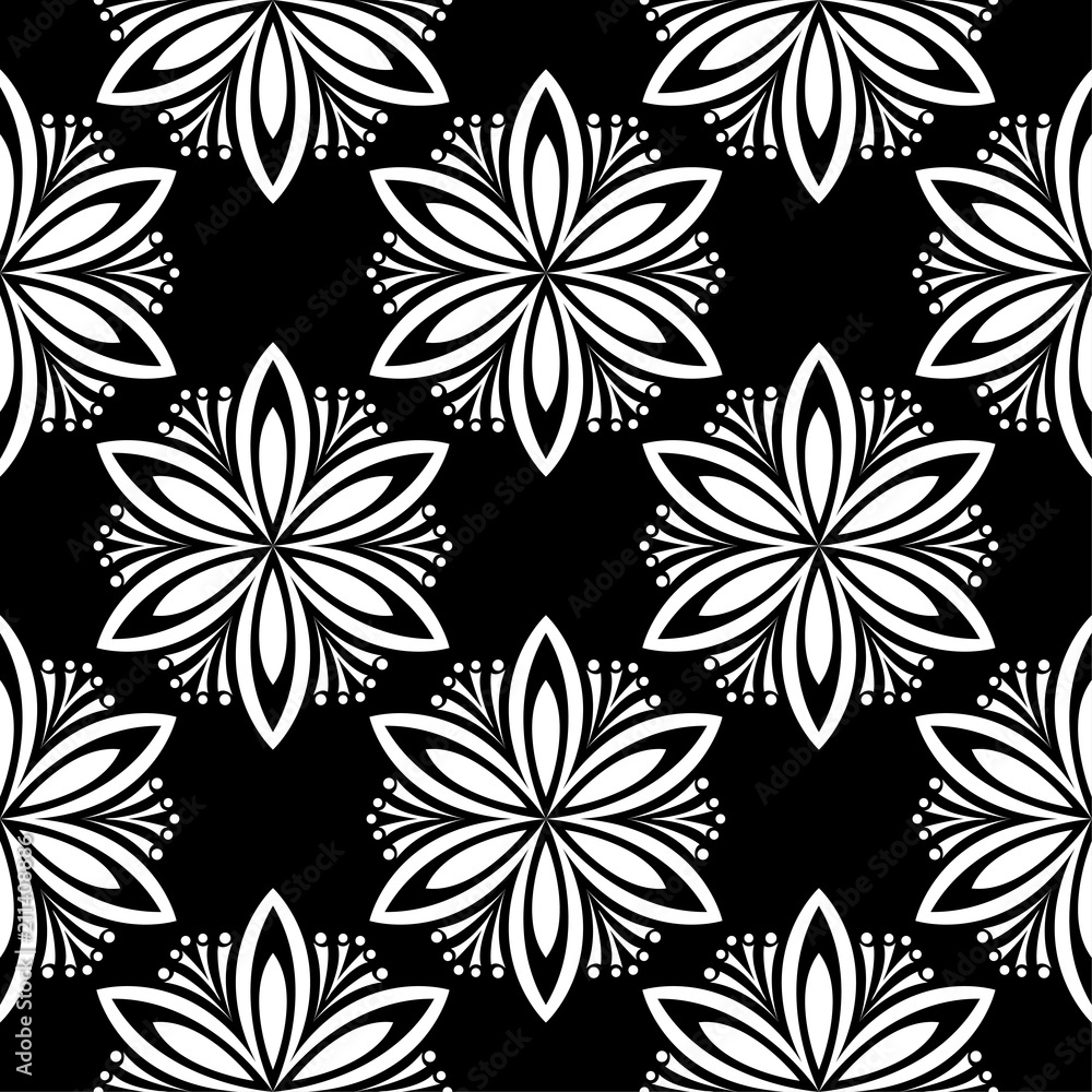 White floral design on black background. Seamless pattern