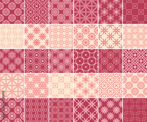 Geometric and floral collection of seamless patterns. Cherry red and beige backgrounds