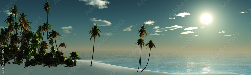 Tropical island with palm trees at sunset. Dawn over the ocean. Palm trees on the beach.
3D rendering
