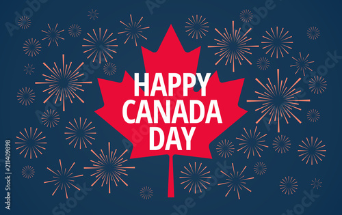 Happy Canada Day vector blue background with red Canada maple leaf and Canada Day holiday fireworks in the night sky - flat style illustration
