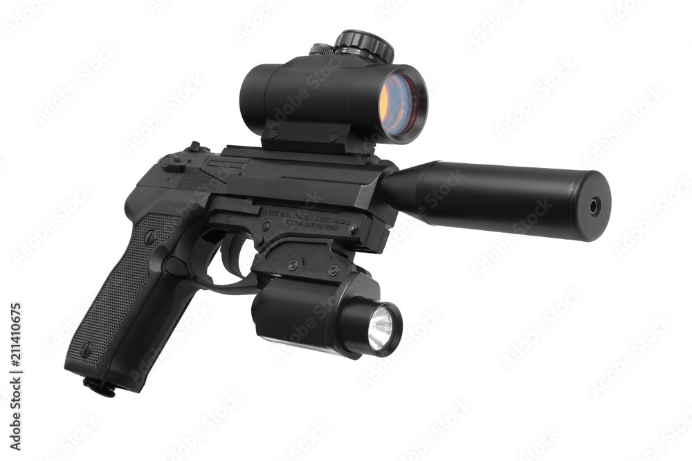 Black modern gun pistol with an optical sight and tactical flashlight isolated on white