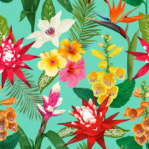 Fototapeta Naklejka Na Ścianę i Meble -  Tropical Flowers Seamless Pattern. Summer Floral Background with Tiger Lily Flower and Hibiskus. Watercolor Blooming Design for Wallpaper, Fabric. Vector illustration