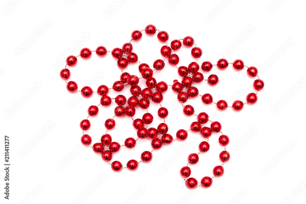 Festive red beads isolated on white background. Festive red beads isolated on white background.