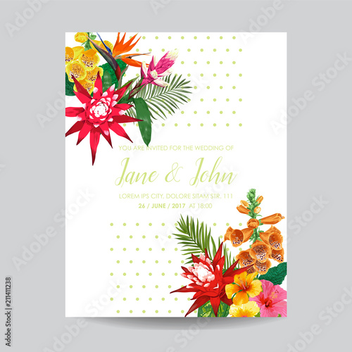 Wedding Invitation Template with Tiger Lily Flowers and Palm Leaves. Tropical Floral Save the Date Card. Exotic Flower Romantic Design for Greeting Postcard, Birthday, Anniversary. Vector illustration