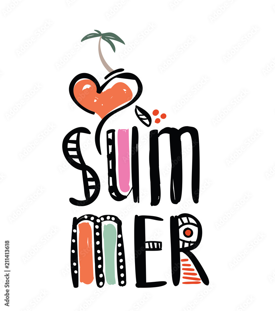 Fototapeta premium I love summer inscription with palm, heart, Multicolored lettering illustration. Doodle style brushes. Hand drawn sketch scribble text on white background
