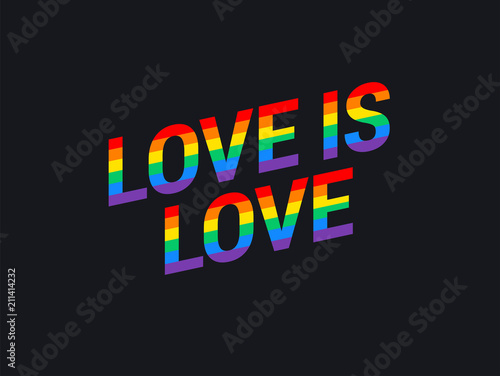 Pride event banner illustration - Love is love rainbow lettering diagonal text on black background vector
