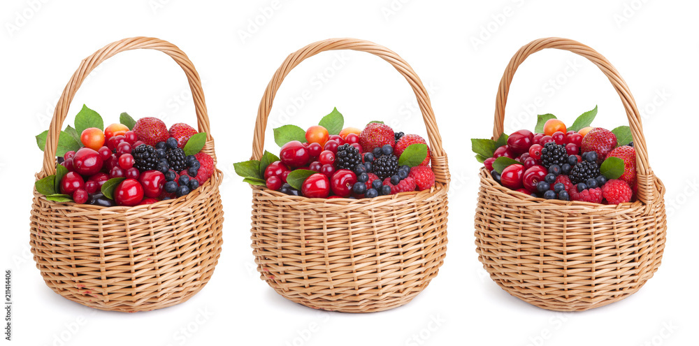 Fresh forest berries in basket isolated on white background with clipping path Fresh forest berries in basket isolated on white background with clipping path
