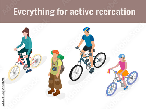 Tourist and cyclists in isometric vector illustration 3d