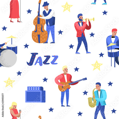 Jazz Music Characters Seamless Pattern. Musical Instruments, Musicians and Singer Artists. Contrabassist, drummer, saxophonist, guitarist. Vector illustration