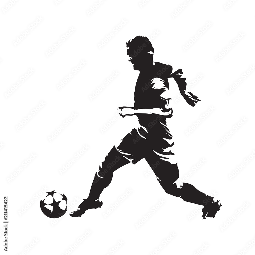 Soccer player running with ball, abstract scratched ink vector drawing. European football athlete. Isolated silhouette, side view
