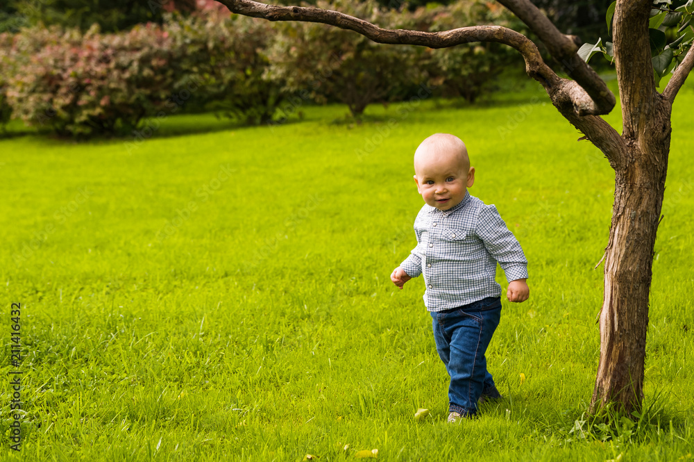 smiling little boy walking on green grass in jeans and shirt smiling little boy walking on green grass in jeans and shirt