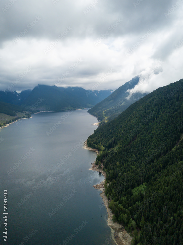 Aerial view of Jones Lake during a cloudy day. Taken near Hope and Chilliwack, East of Vancouver, BC, Canada.