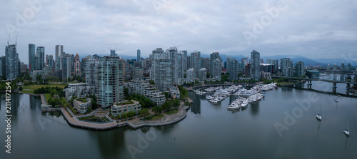 Aerial view of False Creek During a cloudy sunrise. Taken in Downtown Vancouver  British Columbia  Canada.