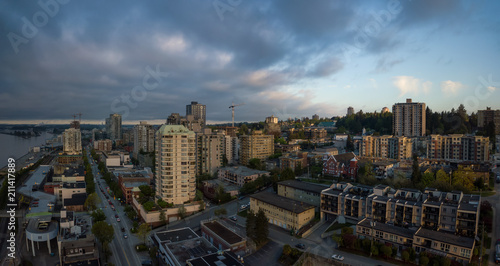 Aerial view of Residential Buildings in the city during a vibrant sunrise. Taken in New Westminster  Greater Vancouver  British Columbia  Canada.