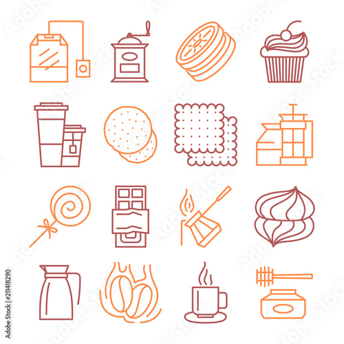 Vector tea and coffee linear icons set illustration