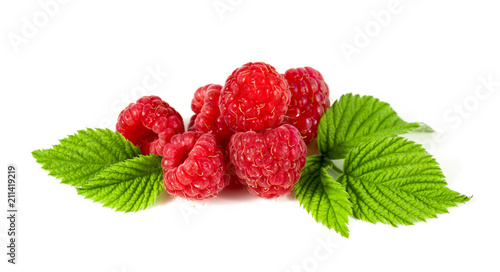 raspberry with leaves on white background