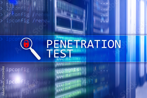 Penetration test. Cybersecurity and data protection. Hacker attack prevention. Futuristic  server room on background.