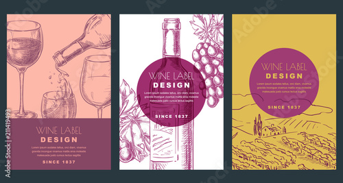 Wine label design template. Sketch vector illustration of bottle, glass, grapes and vineyard field. Backgrounds set