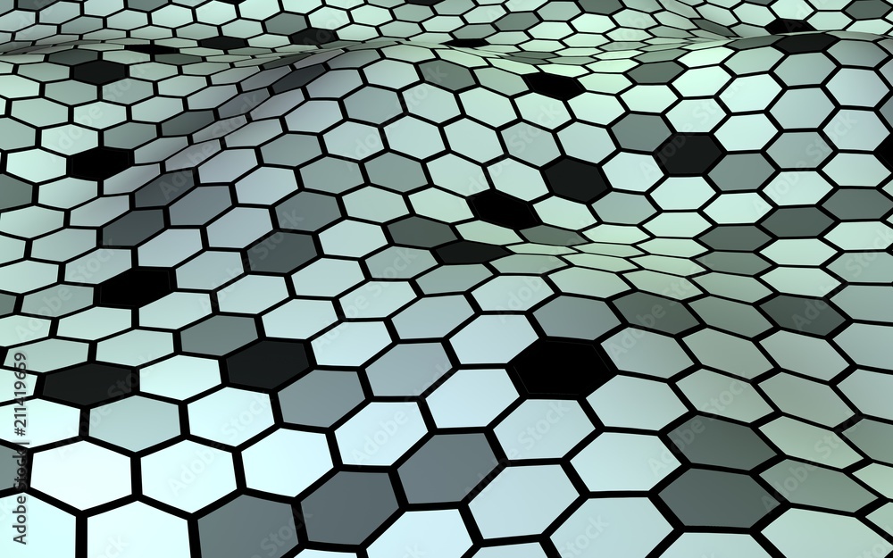 Honeycomb with a gradient color. Perspective view on polygon look like honeycomb. Wavy surface. Isometric geometry. 3D illustration