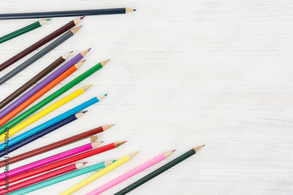 Lots Of Colorful Pencils On White Wood Background With Empty Space School Child Art Concept Lots Of Colorful Pencils On White Wood Background With Empty Space School Child Art Concept