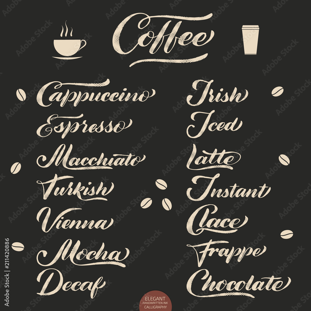 Set of Coffee lettering. Vector hand drawn calligraphy Coffee. Elegant modern calligraphy ink illustration. Typography poster on dark background. Coffee shop or restaurant promotion lettering. Set of Coffee lettering. Vector hand drawn calligraphy Coffee. Elegant modern calligraphy ink illustration. Typography poster on dark background. Coffee shop or restaurant promotion lettering.