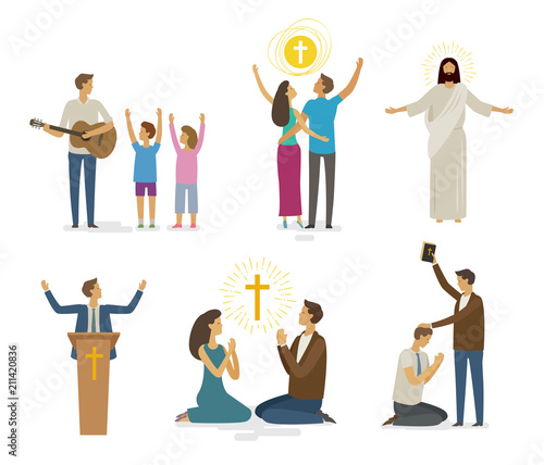 Worship, prayer, faith icon set. Religion concept. Vector illustration