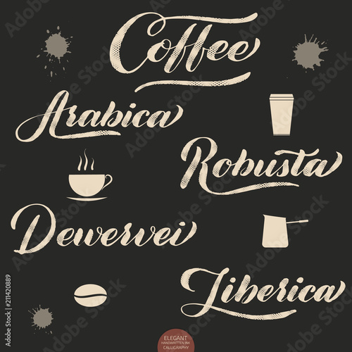 Set of Coffee lettering. Vector hand drawn calligraphy Coffee. Elegant modern calligraphy ink illustration. Typography poster on dark background. Coffee shop or restaurant promotion lettering.