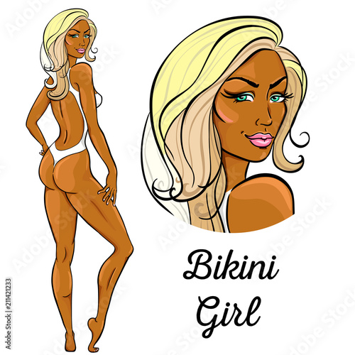 Pinup girl in bikini with long blond hair standing in sexy pose.
